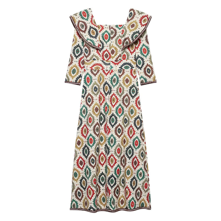 Midi dress for women with an elegant mix of patterns and a voluminous collar Lune London