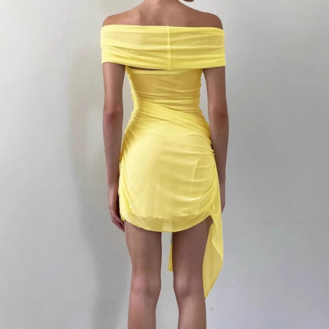 Mini off-shoulder dress for women with ruffle details and transparent inserts Lune London