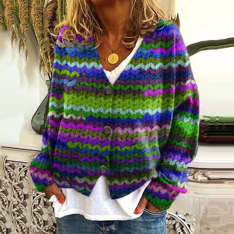 Cardigan tricoté décontracté pour femmes avec des rayures colorées et des détails de boutons Chic & Stil