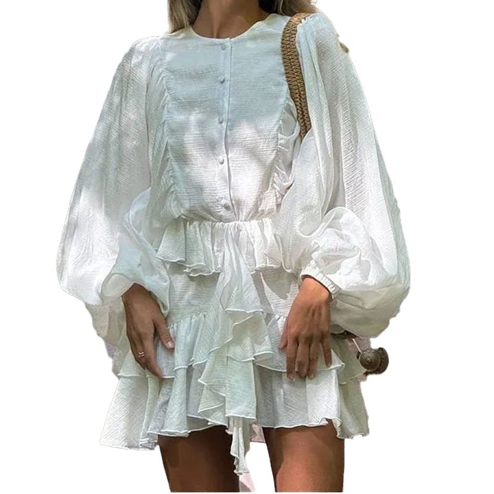Playful ruffled summer dress for women with balloon-shaped sleeves and button detail Lune London