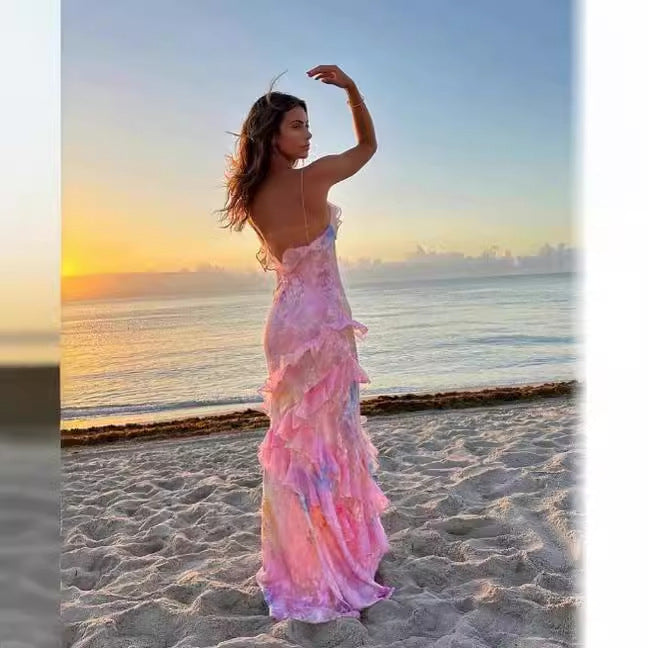 Ladies Long Maxi Dress with Playful Ruffle Details and Floral Pattern