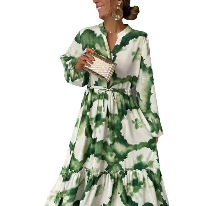 Maxi dress for women with a modern watercolor pattern and a voluminous skirt Lune London