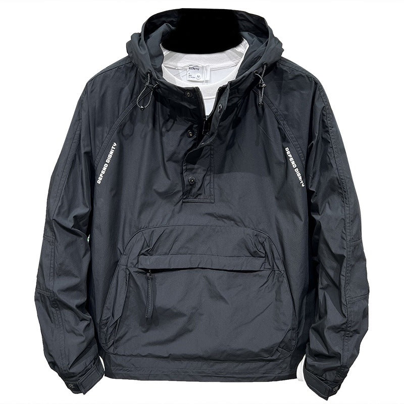 Functional outdoor jacket for men with high collar and practical pockets Lune London