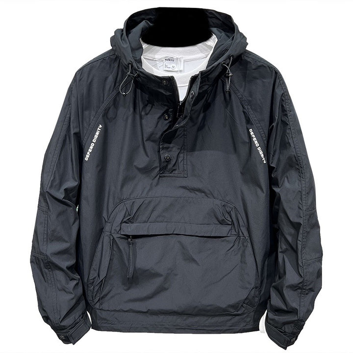 Functional outdoor jacket for men with high collar and practical pockets Lune London