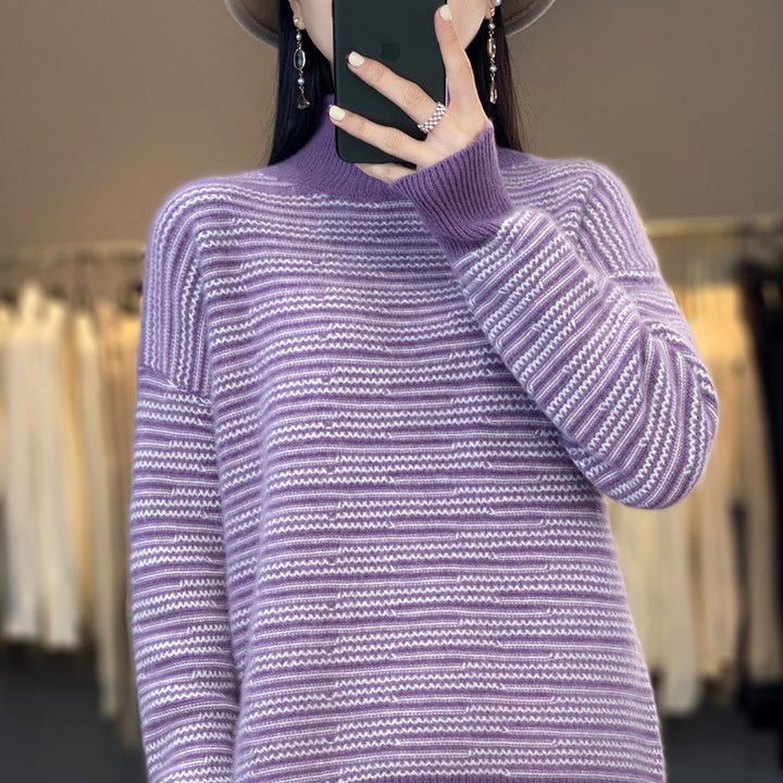 Pull en tricot pour femmes avec un motif à rayures moderne et des trous pour les pouces confortables Lune London