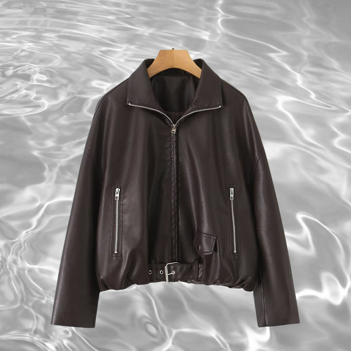 Synthetic leather jacket for women with adjustable belt and zippered side pockets Lune London