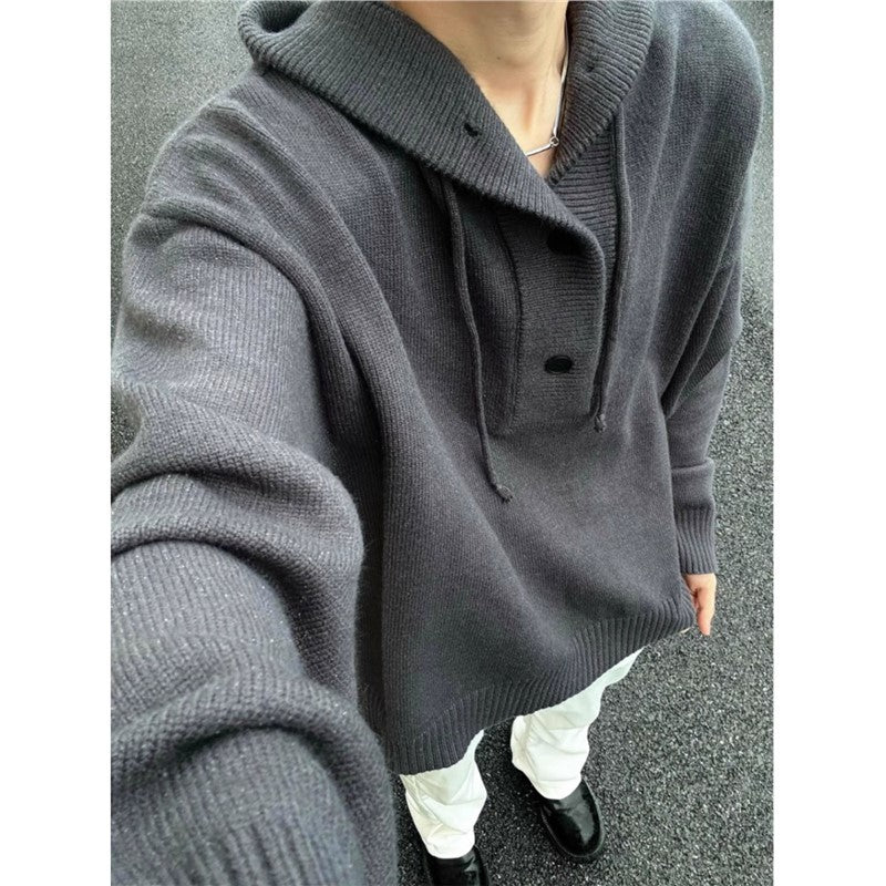 Men's casual hooded sweatshirt with button placket and thicker knitted structure Lune London