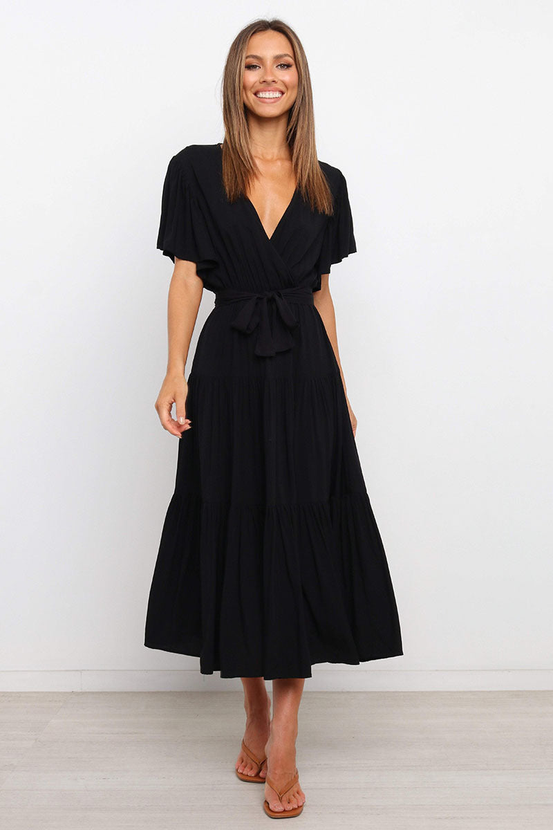 Lune London Fluid maxi dress for women with tie-up belt and butterfly sleeves
