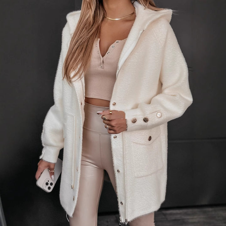 Women's Cozy Fleece Jacket with Hood and Press Buttons Chic & Stil