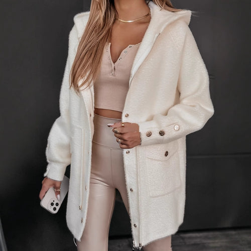 Women's Cozy Fleece Jacket with Hood and Press Buttons Chic & Stil