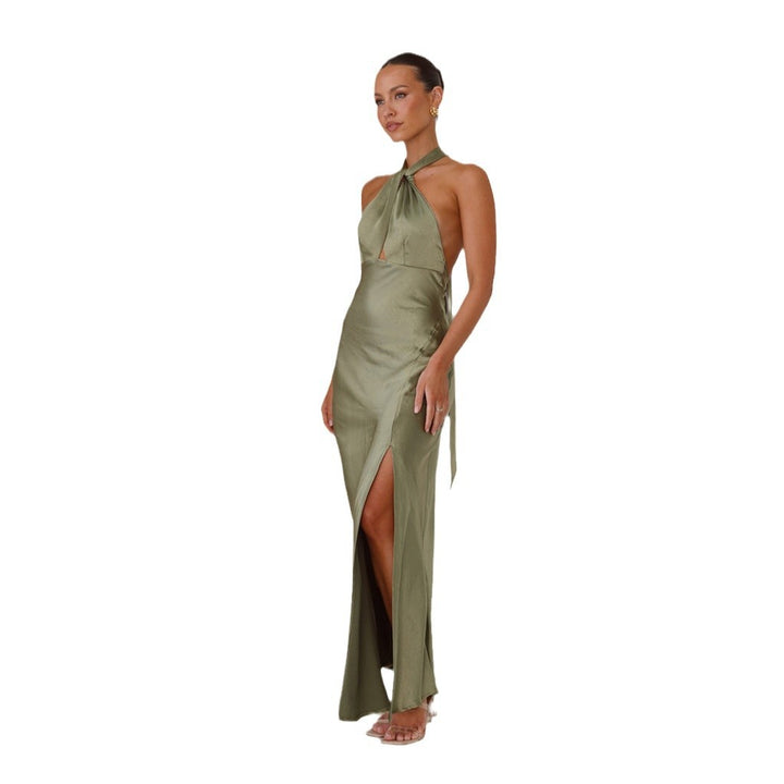 Maxi halter neck dress for women with side slit and sparkling fabric Chic & Stil