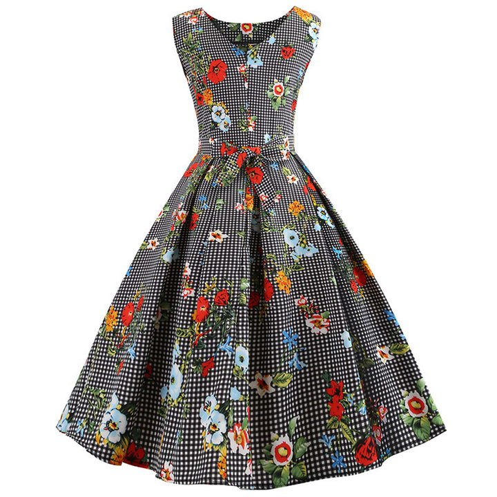 Robe A-Line Rétro pour Femme avec Accents Floraux et Design À Carreaux Classiques Chic & Stil