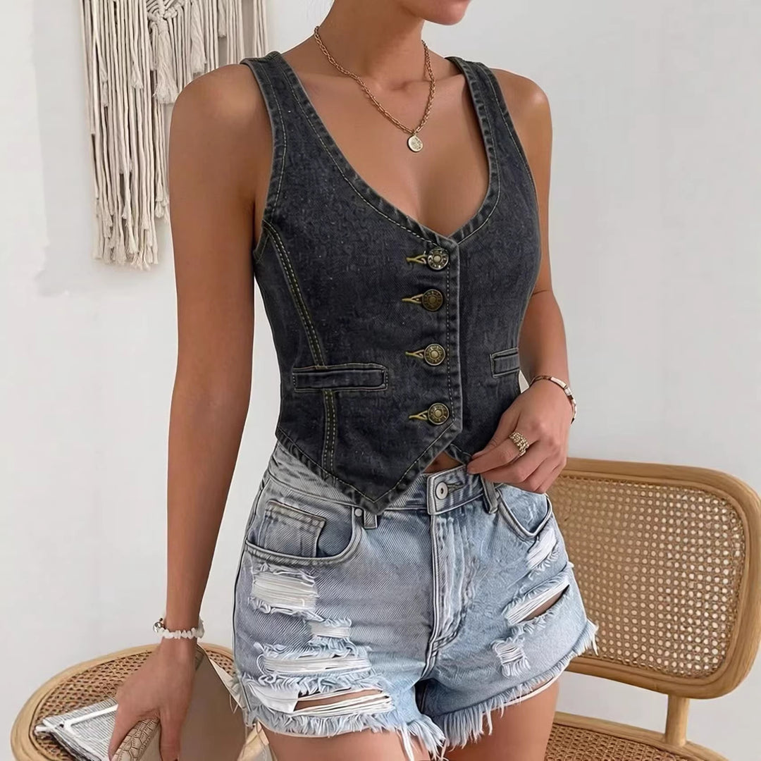 Women's Denim Bustier Top with Button Details and Extended Silhouette Lune London
