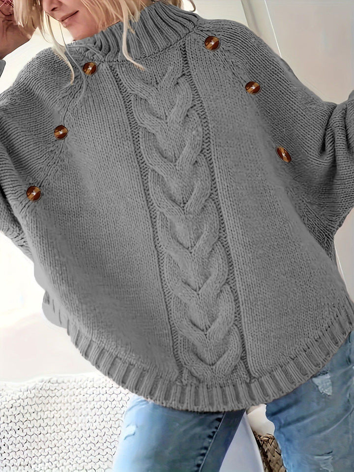 Ladies chunky knit sweater with high collar and button details Lune London