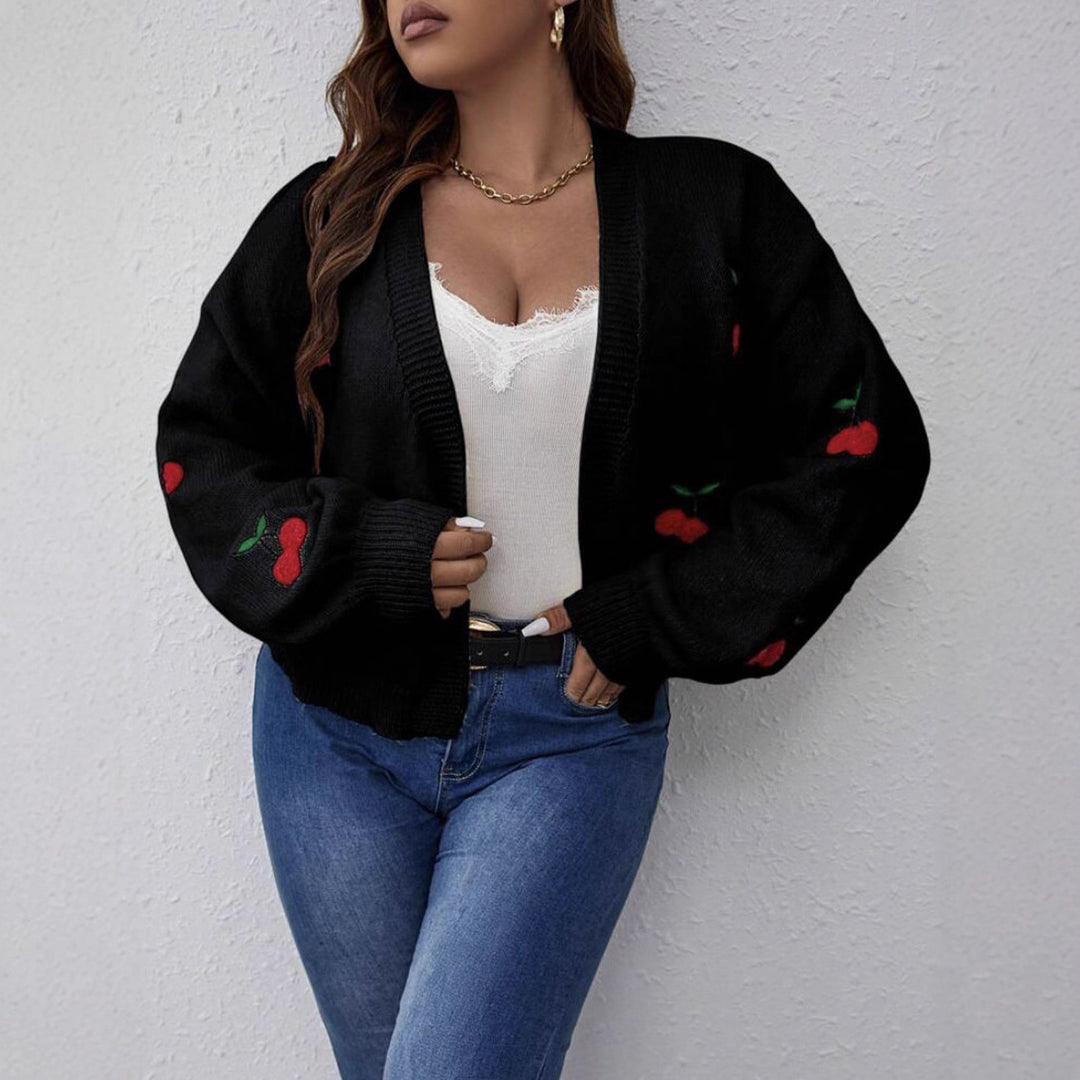 Ladies Large Cardigan with playful cherry pattern Lune London