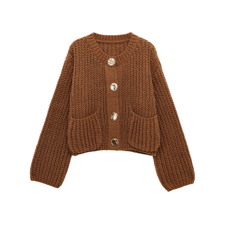 Chunky knit cardigan for women with large buttons and practical pockets Lune London