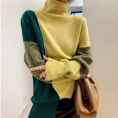 Graphic patterned turtleneck sweater in block colors for ladies Lune London