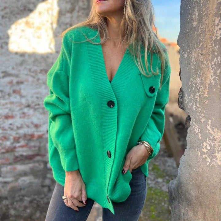 Casual knit cardigan for women with asymmetrical cut and button details Lune London