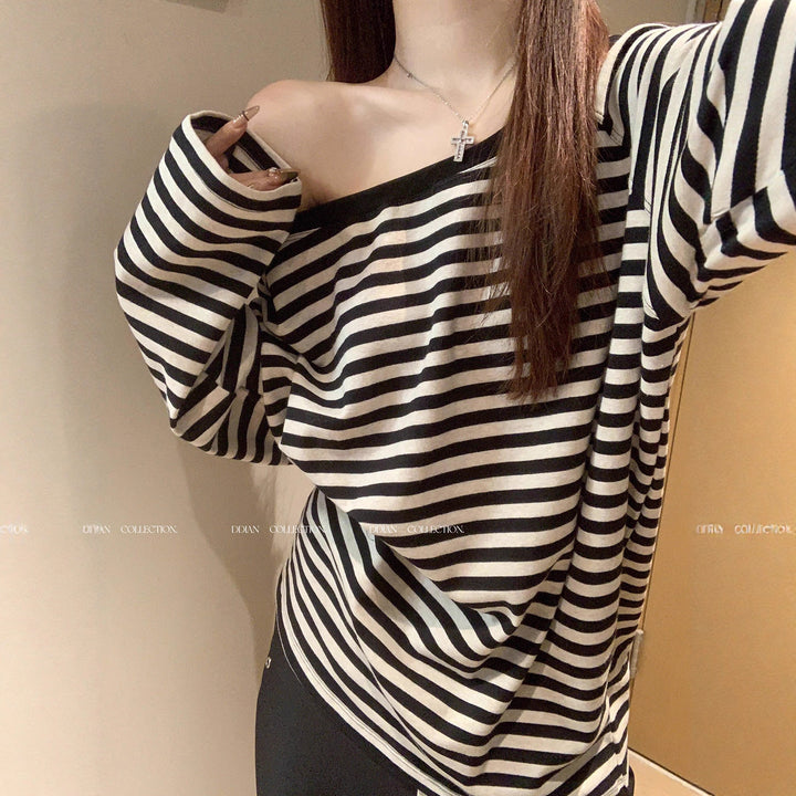 Women's casual oversized off-shoulder long sleeve shirt with striped pattern Chic & Stil