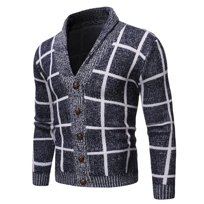 Men's knitted V-neck jacket with a modern plaid pattern Lune London