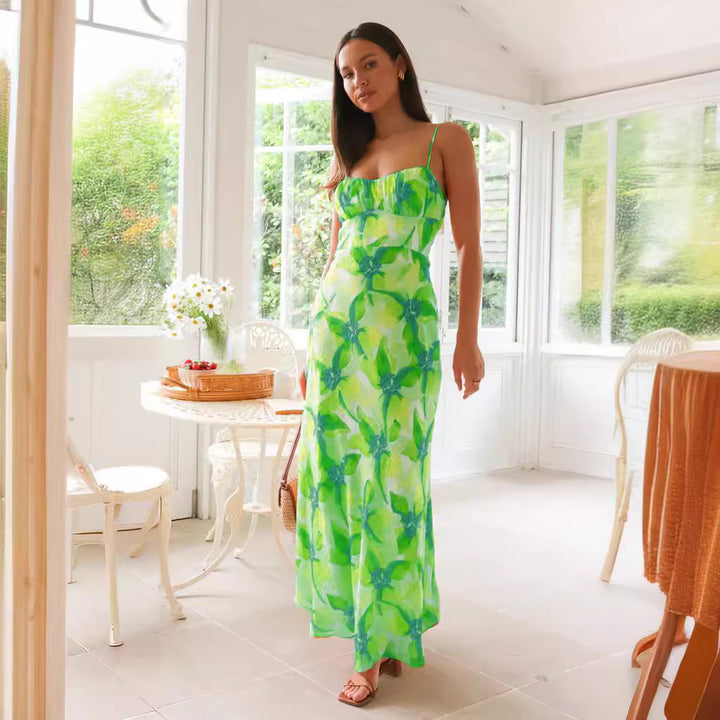 Women’s maxi dress with elegant gathering design and supportive spaghetti straps