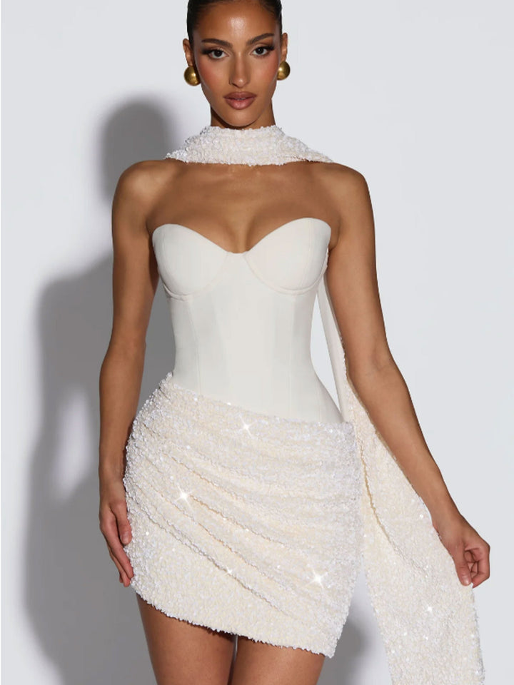 Ladies Glamorous Mini Dress with Figure-Hugging Bustier Top and Impressive Sequin Skirt Lune London