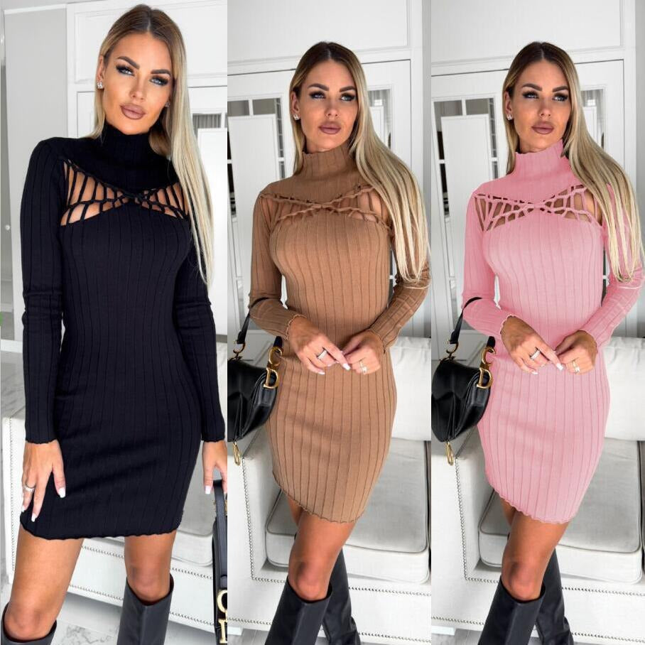 Lune London women's ribbed knit high neck bodycon dress with cut-out details