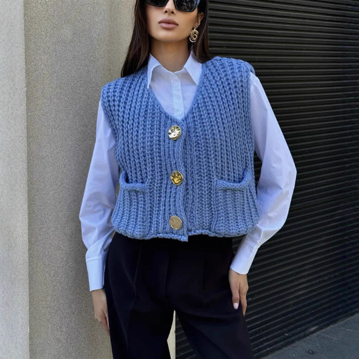 Knitted ladies' vest with golden buttons and pockets Lune London