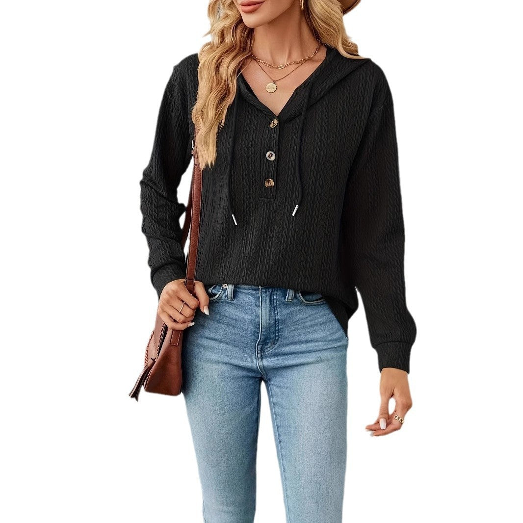 Casual hooded sweater for women with textured fabric and decorative button details Lune London