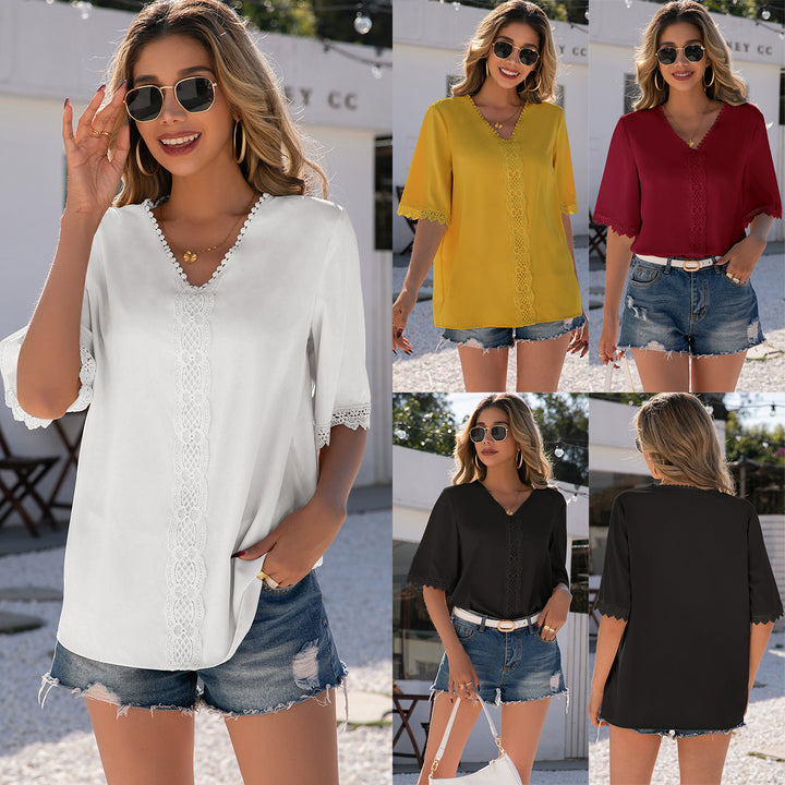 Elegant women's blouse with lace and V-neck Lune London