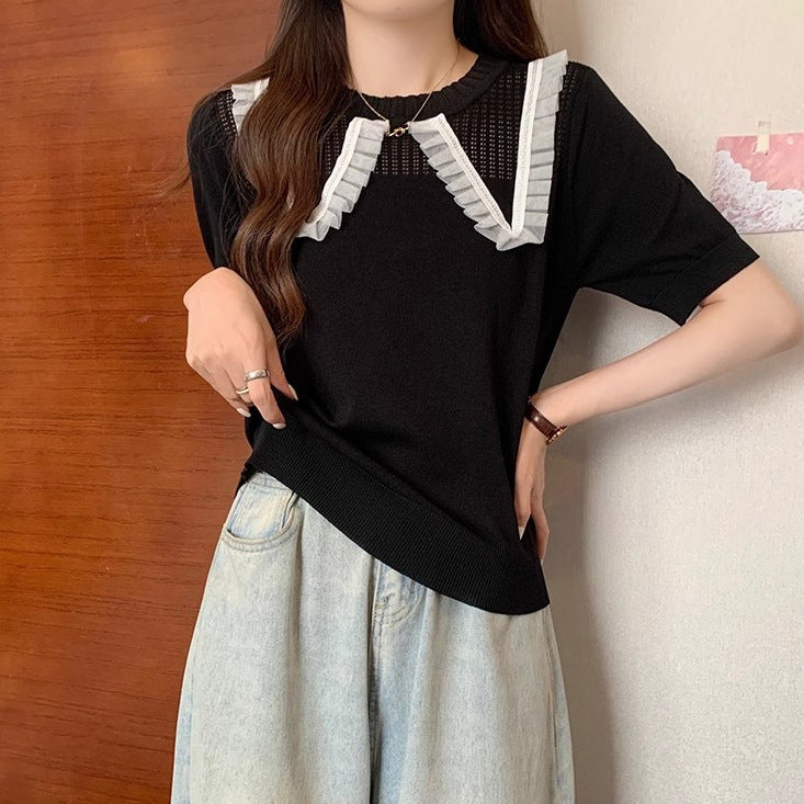 Women Elegant Knit Top with Decorative Ruffle Hem and Breathable Design