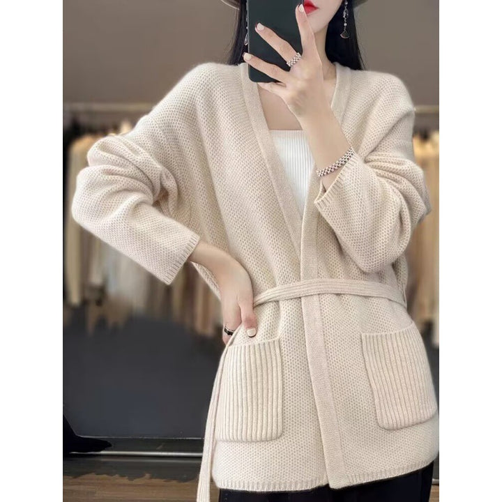 Women comfortable knit coat with belted waist and pockets Lune London