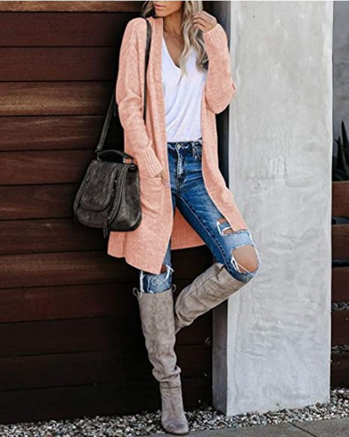 Women thick knit cardigan elegant with open front and deep pockets Lune London