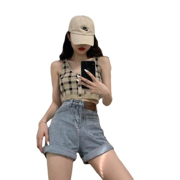 Women's Cropped Top with Check Pattern and Button Detail Lune London