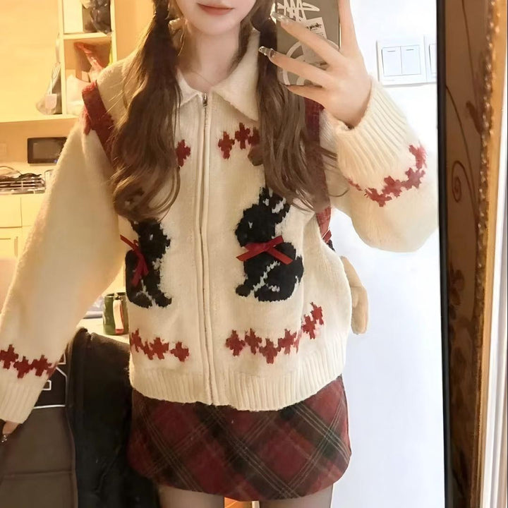 Cardigan pour femmes avec motif animal et nœuds décoratifs