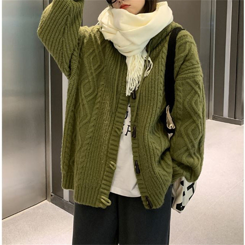 Ladies comfortable wool cardigan with hood and cable knit pattern Lune London