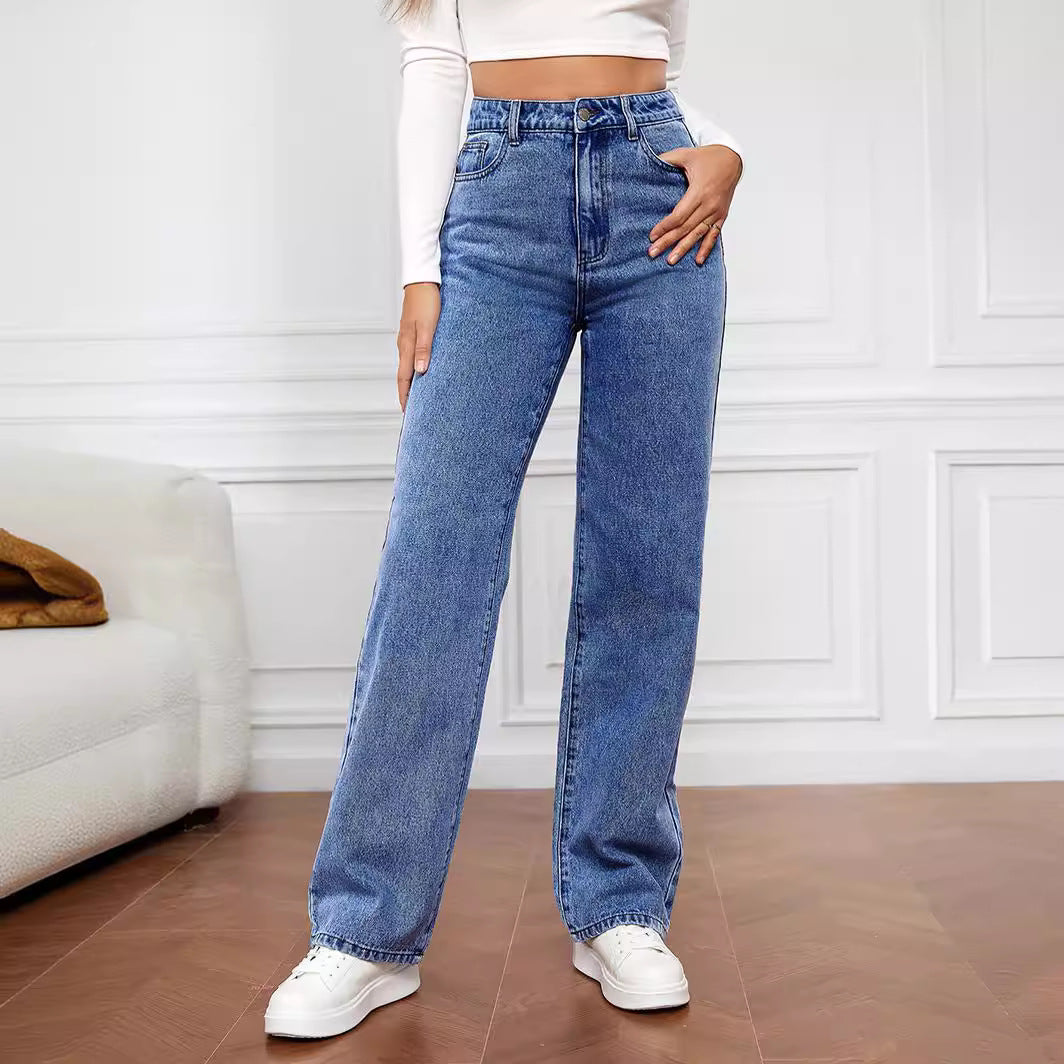 Jeans femme taille haute à coupe large avec look décontracté et poches classiques Chic & Stil
