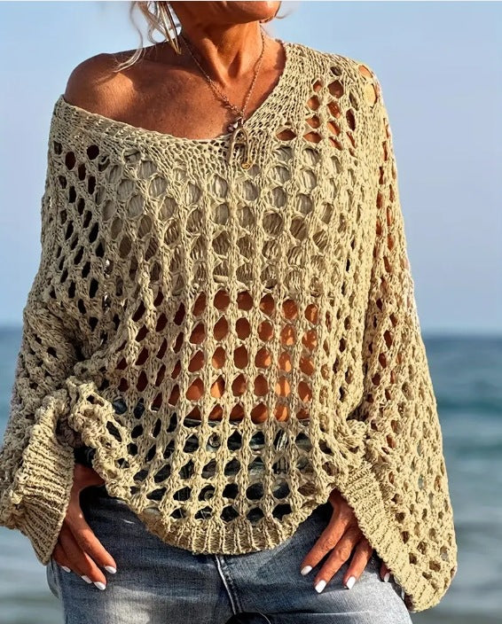 Knitted off-shoulder sweater for women with an airy structure in openwork stitches Lune London