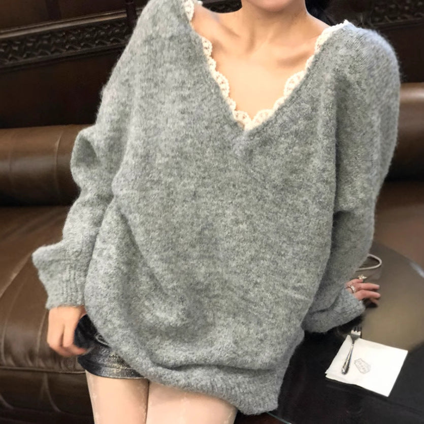 Oversized knit sweater for women with V-neck and delicate lace trim Lune London