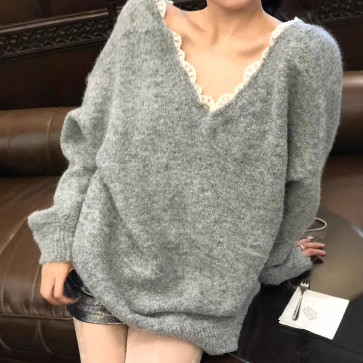 Oversized knit sweater for women with V-neck and delicate lace trim Lune London