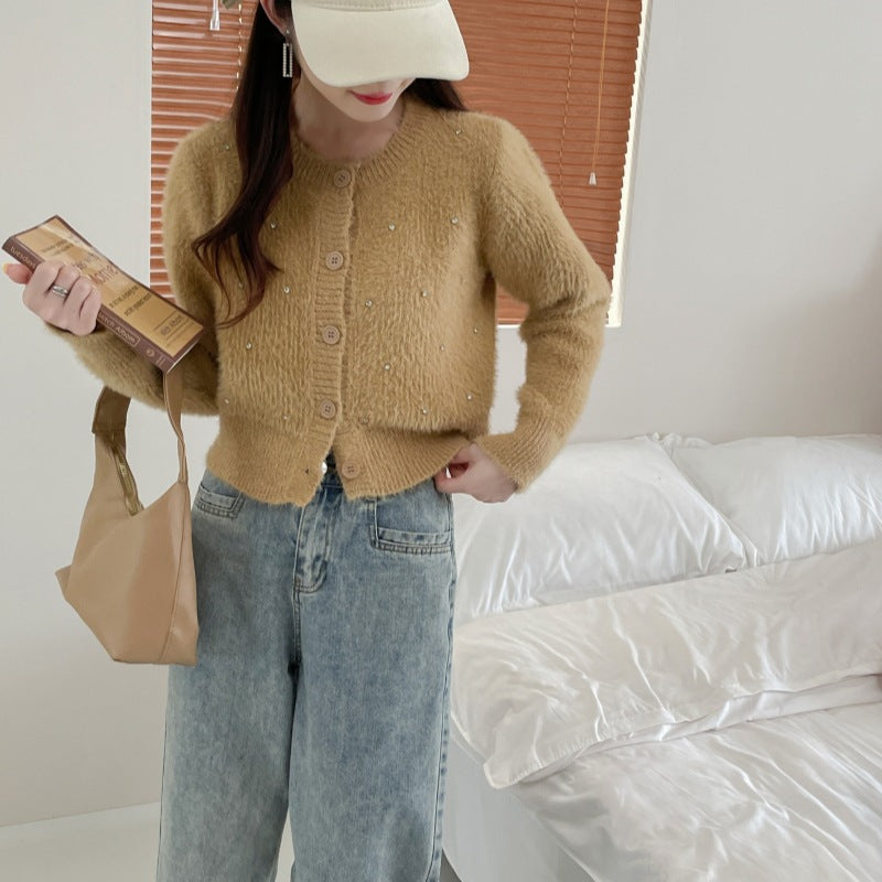 Elegant ladies knit cardigan with trendy pearl accents Lune London