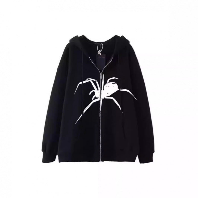 Women's hooded jacket with creative spider motif and practical zipper Lune London