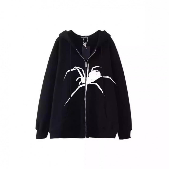 Women's hooded jacket with creative spider motif and practical zipper Lune London