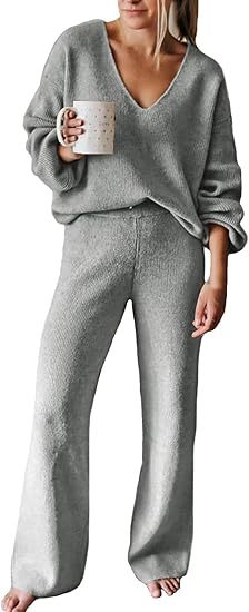 Dames Ensemble tricot confortable avec décolleté en V et jambe large Lune London
