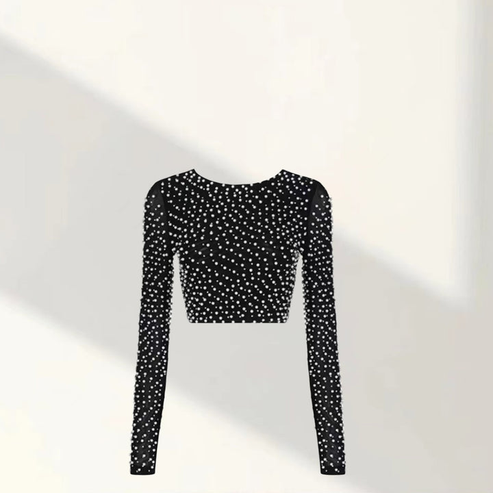 Ladies Elegant Long Sleeve Crop Top with Chic Pearl Trim and Style