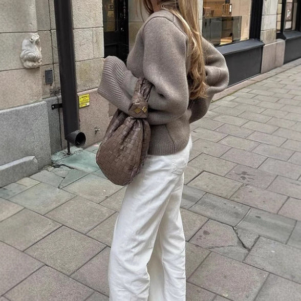 Knit jacket for women with deep V-neck and practical pockets Lune London