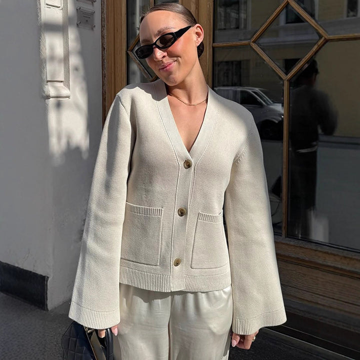 Casual knitted jacket for women with wide sleeves and button detail Lune London