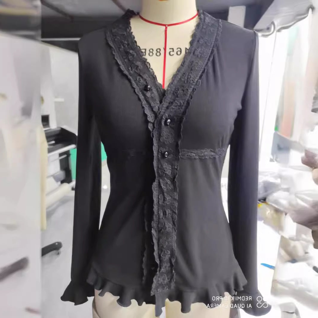 Women's knitted top with romantic lace and ruffle details Lune London