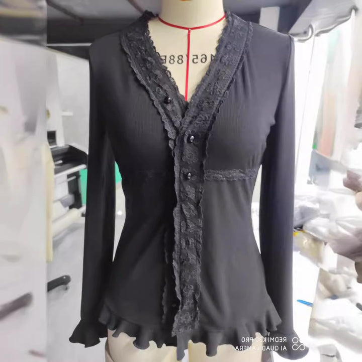 Women's knitted top with romantic lace and ruffle details Lune London