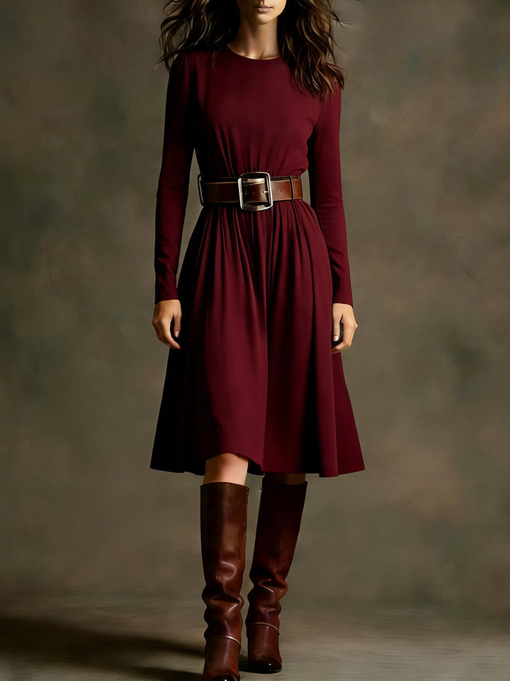 Women Elegant Dress with Long Sleeve and Waist Belt Chic & Stil